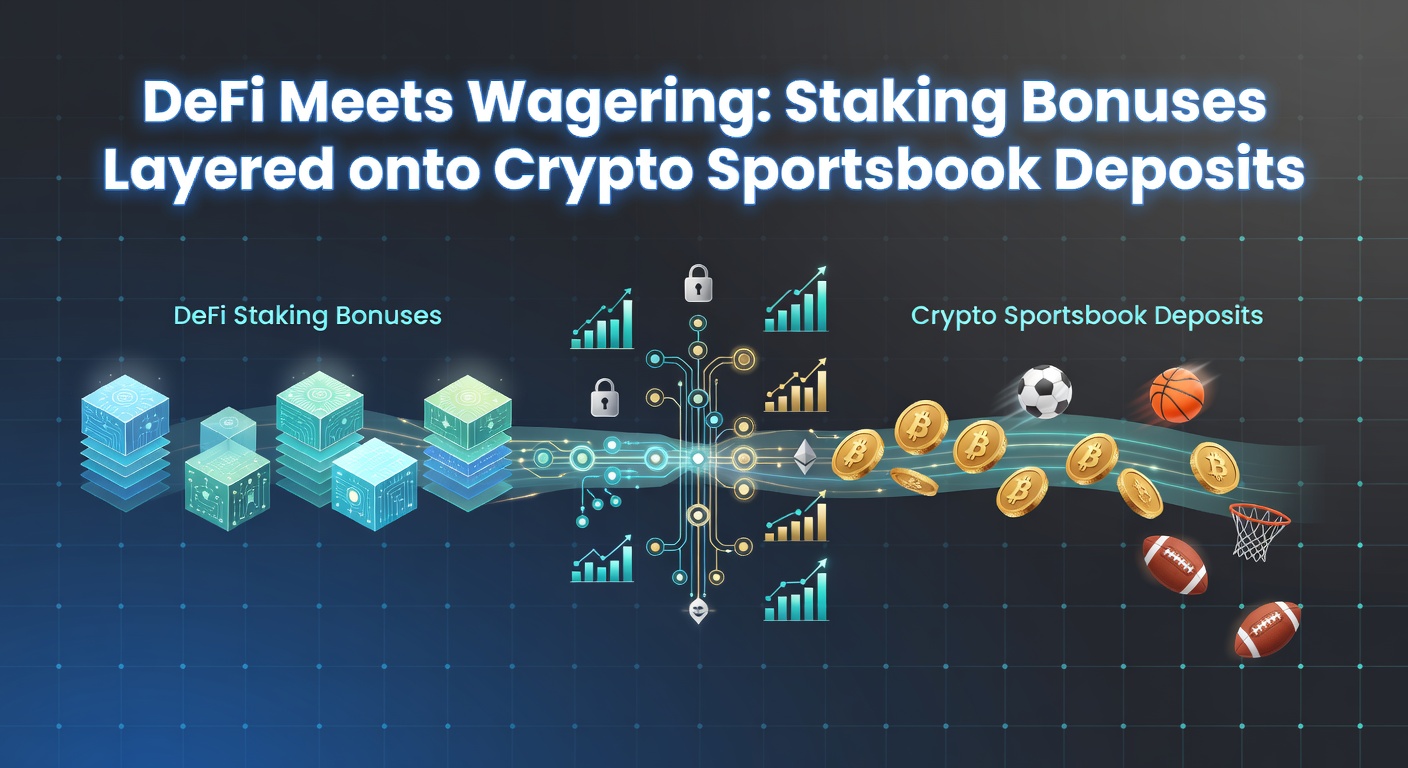 Grafik zeigt DeFi-Elemente wie Staking-Symbole, die mit Sportsbook-Wettchips und Krypto-Münzen verschmelzen, um hybride Bonusstrukturen zu illustrieren