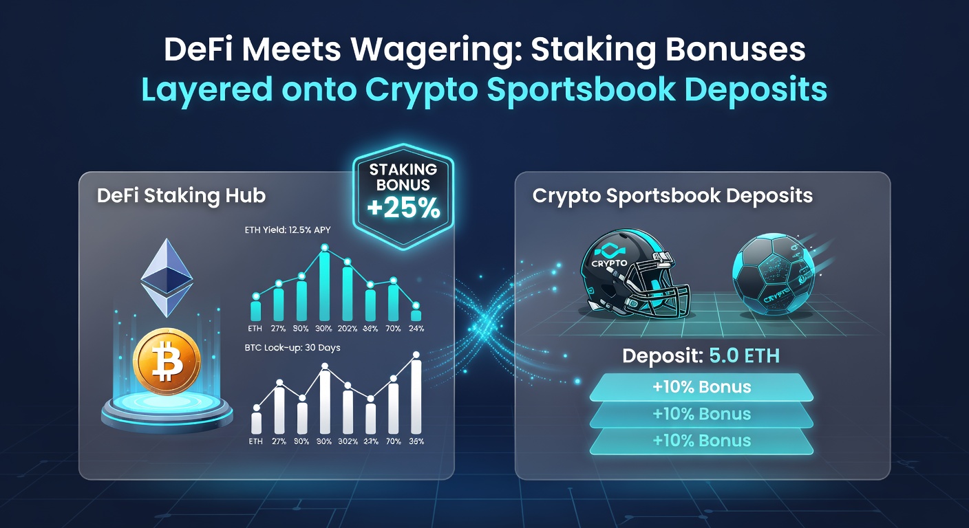 Detaillierte Infografik mit Flussdiagramm, das Einzahlung, Staking-Pool und Wettbonus-Schichtung darstellt, inklusive APY-Berechnungen und Token-Flüssen