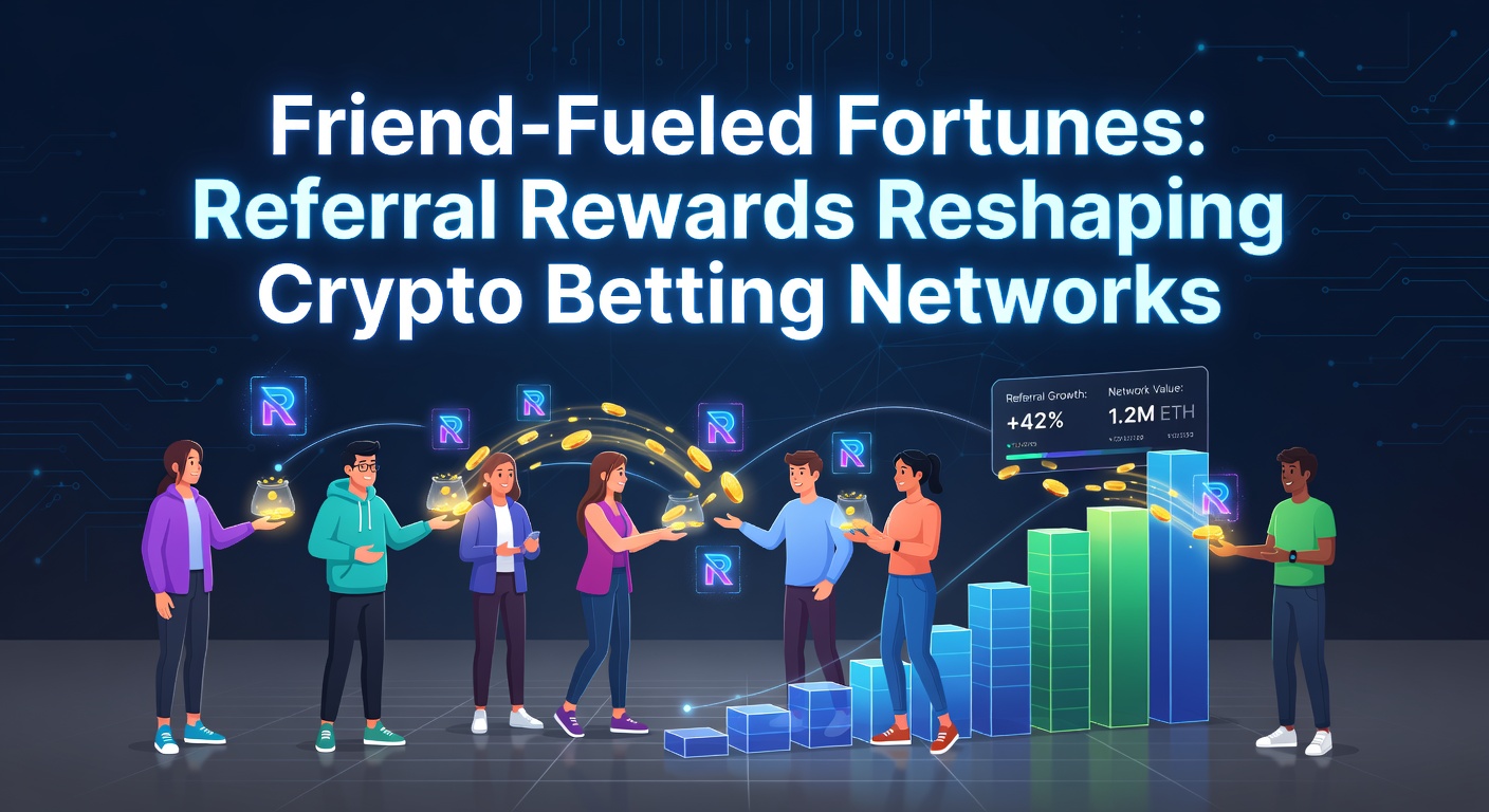 Gruppe von Nutzern teilt Referral-Codes auf sozialen Plattformen, während Krypto-Wallets im Hintergrund glänzen