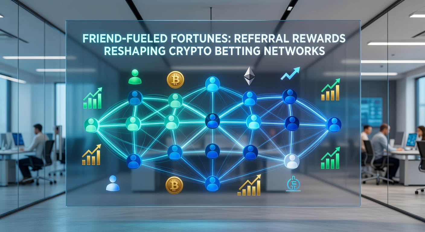 Detaillierte Grafik eines Referral-Netzwerks mit verzweigten Linien, Krypto-Symbole und steigenden Gewinnkurven