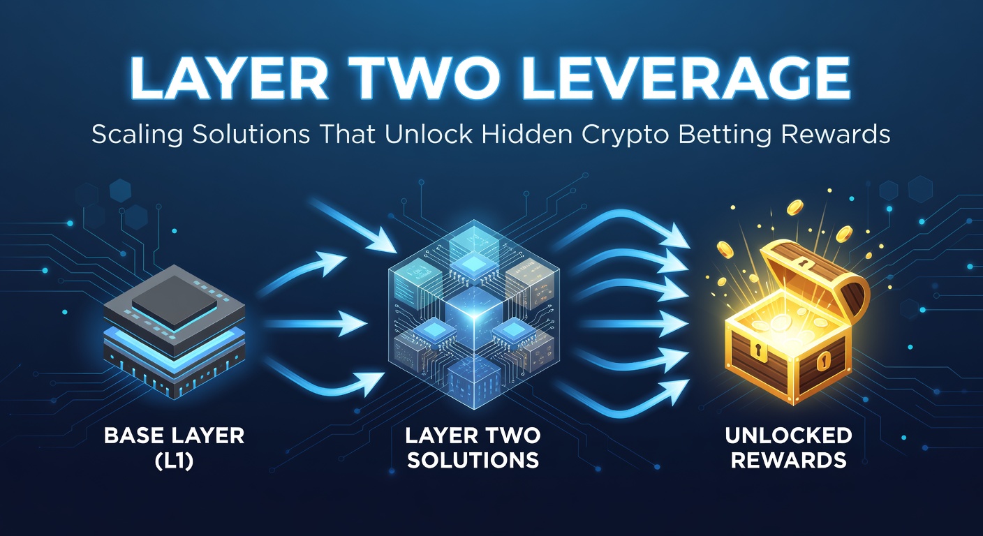 Illustration von Layer-2-Skalierungslösungen in Krypto-Wettplattformen mit Netzwerkdiagrammen und Belohnungssymbolen
