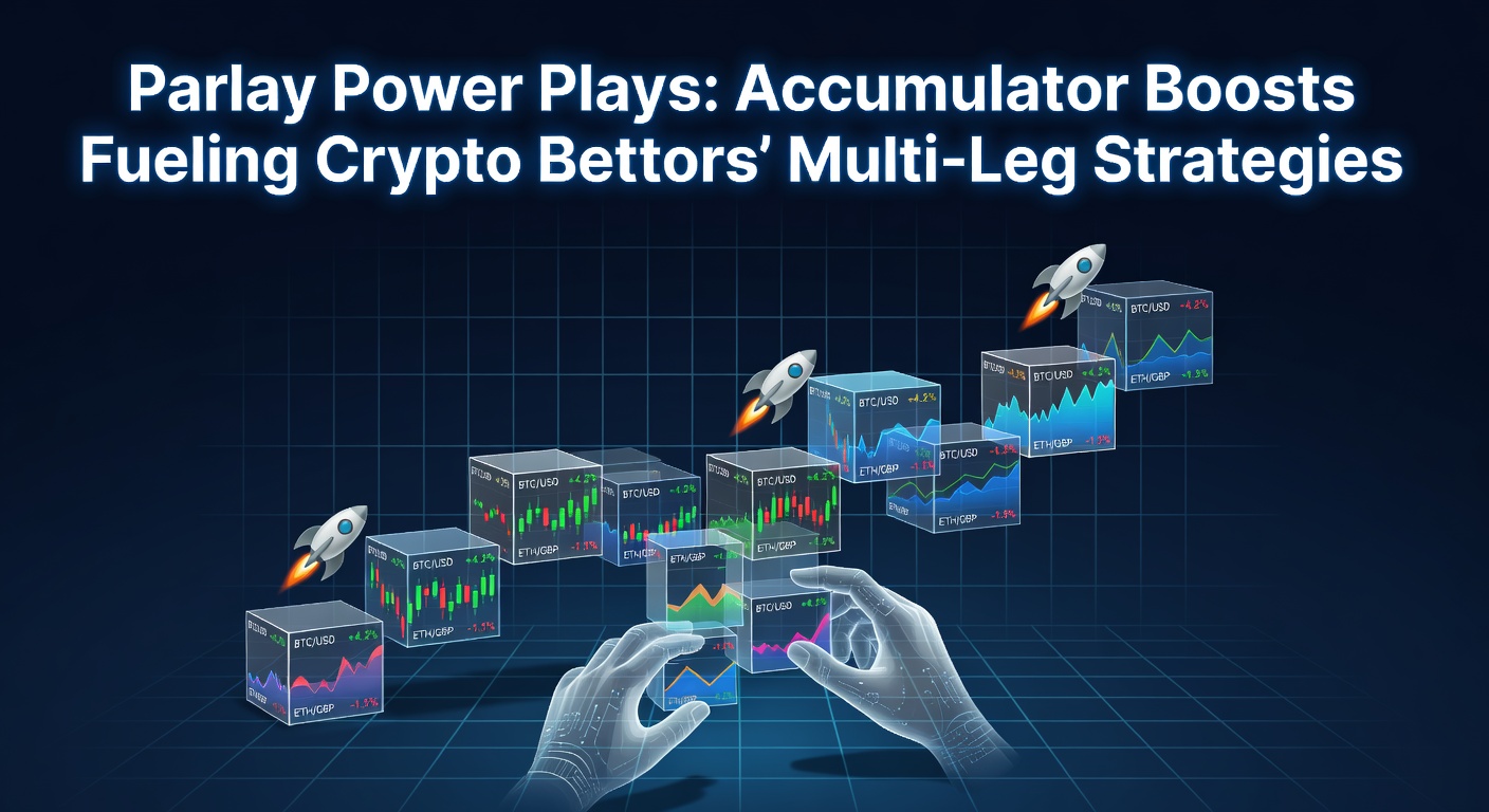 Grafik zeigt ein dynamisches Parlay-Wett-Schema mit steigenden Multiplikatoren und Crypto-Symbolen wie Bitcoin und Ethereum im Hintergrund