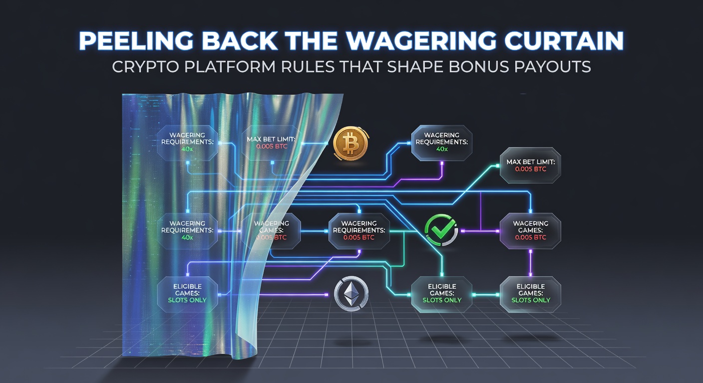 Grafik mit verschiedenfarbigem Vorhang, der Umsatzbedingungen auf Krypto-Wettplattformen symbolisiert, im Vordergrund Bitcoin-Symbole und Bonus-Chips